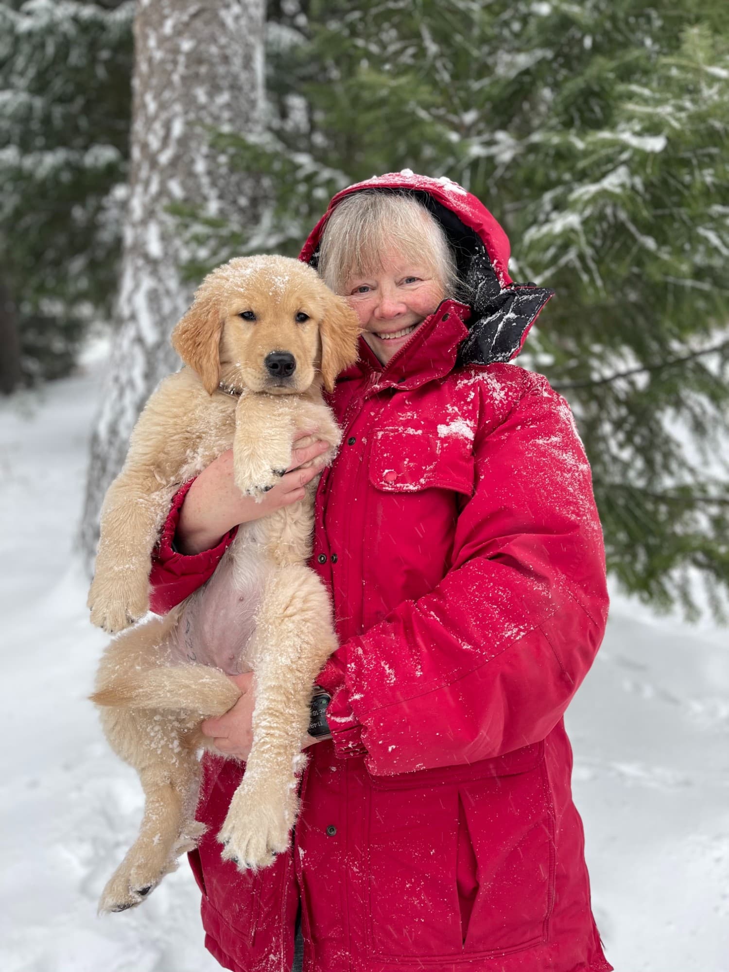 Christine Kobler holding a Golden Retriever puppy